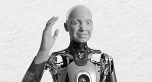 A creepy humanoid robot waving - uncanny valley in ai generated imagery
